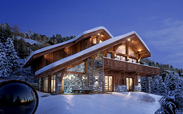 Réalisation 3D d'extérieur de chalet de luxe de nuit à Megève